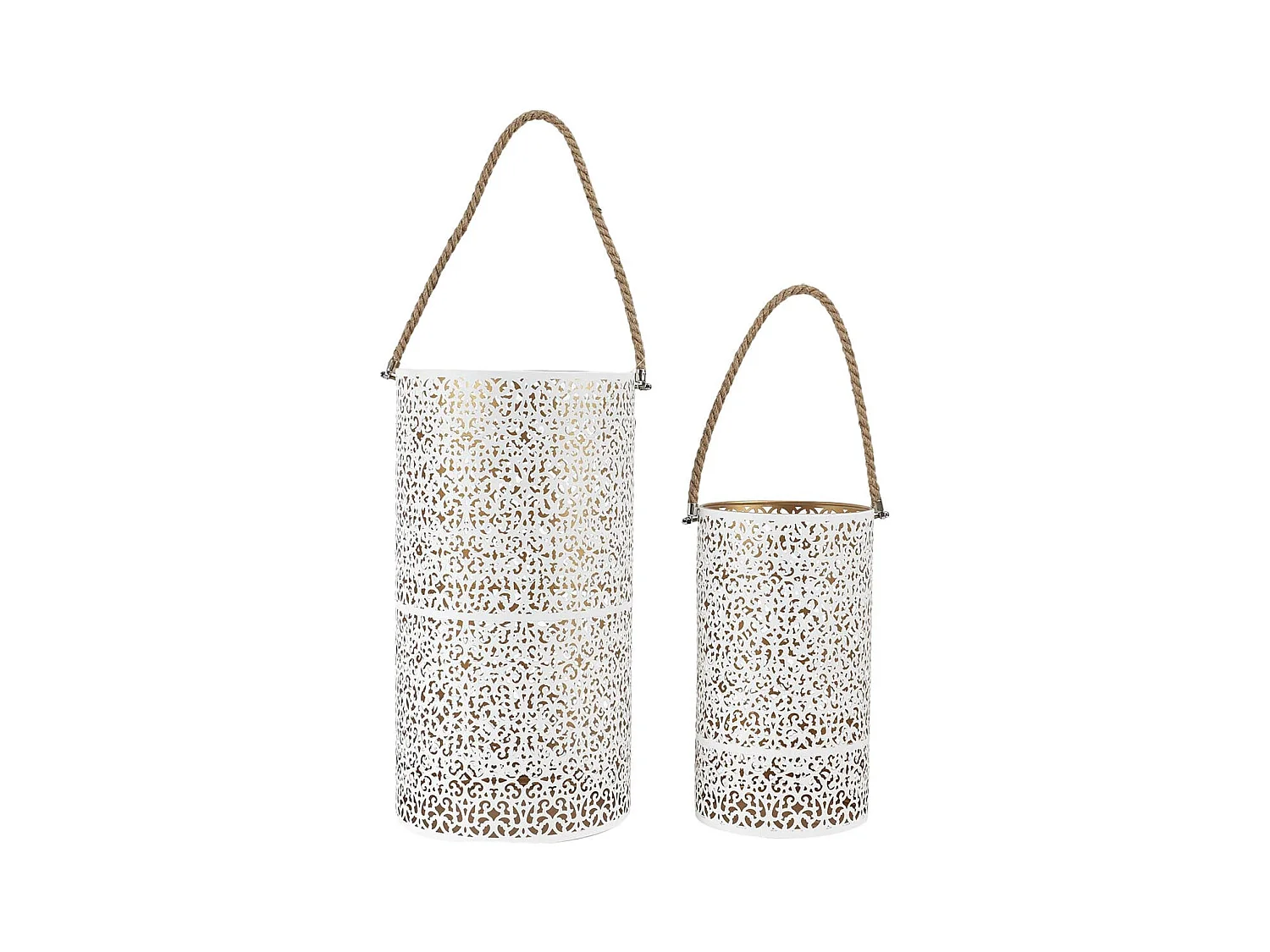 Duo de Lanternes Métal Ajouré Blanc et Or