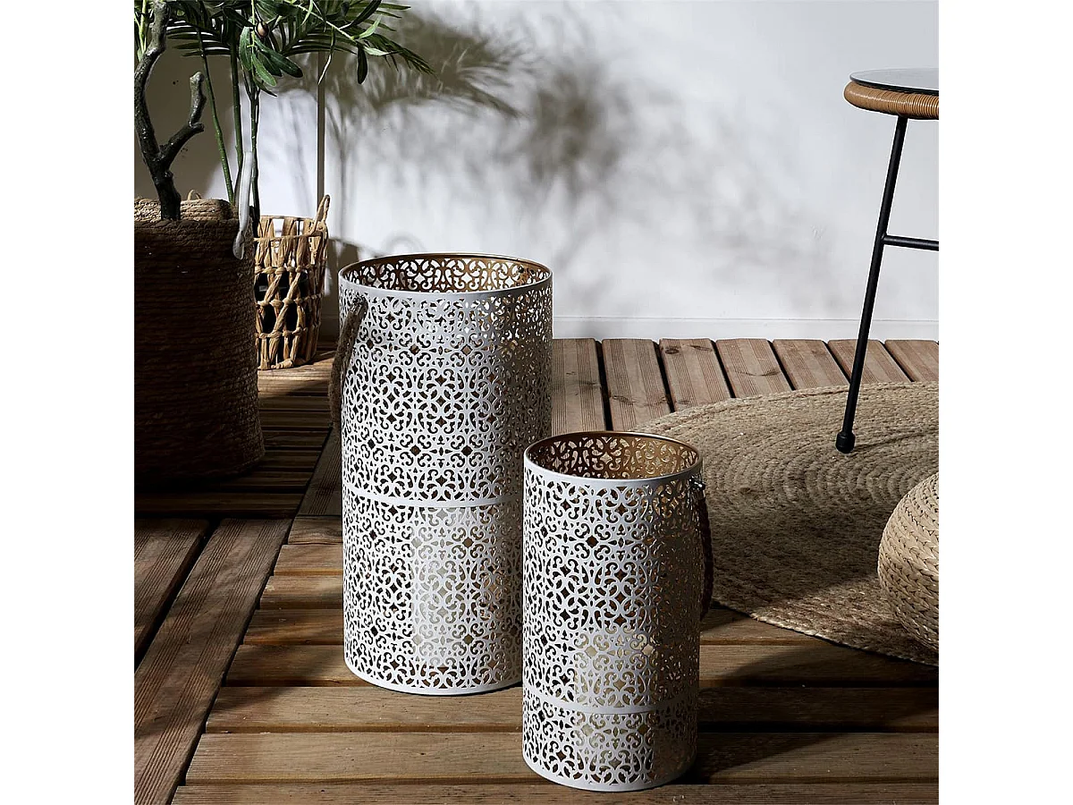 Duo de Lanternes Métal Ajouré Blanc et Or - SARAH