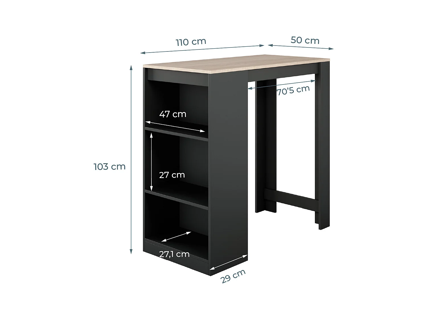 Table haute pour Cuisine Salle à manger en Noir et Sonoma 110x50x103cm Kyra