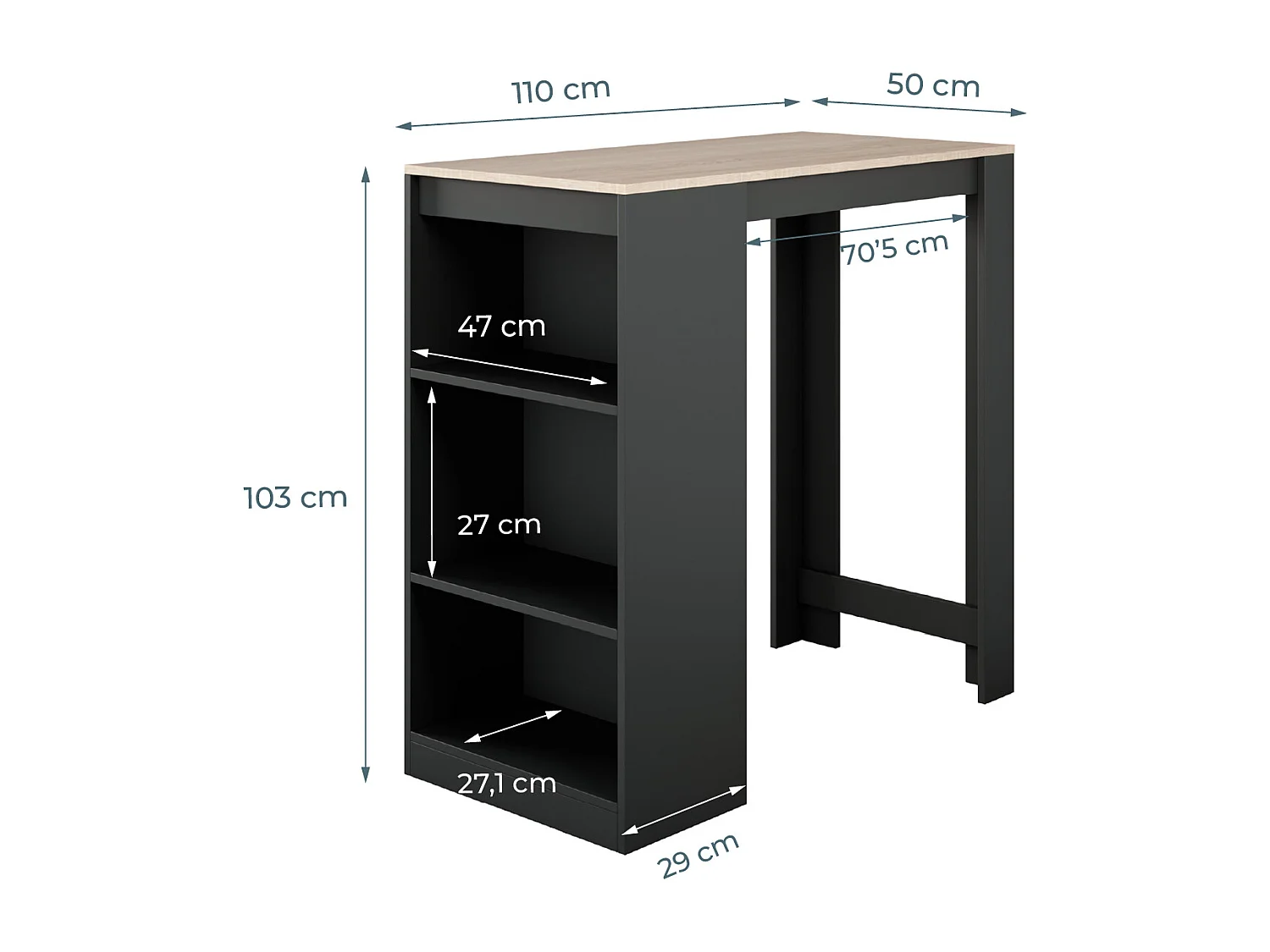Table haute pour Cuisine Salle à manger en Noir et Sonoma 110x50x103cm Kyra