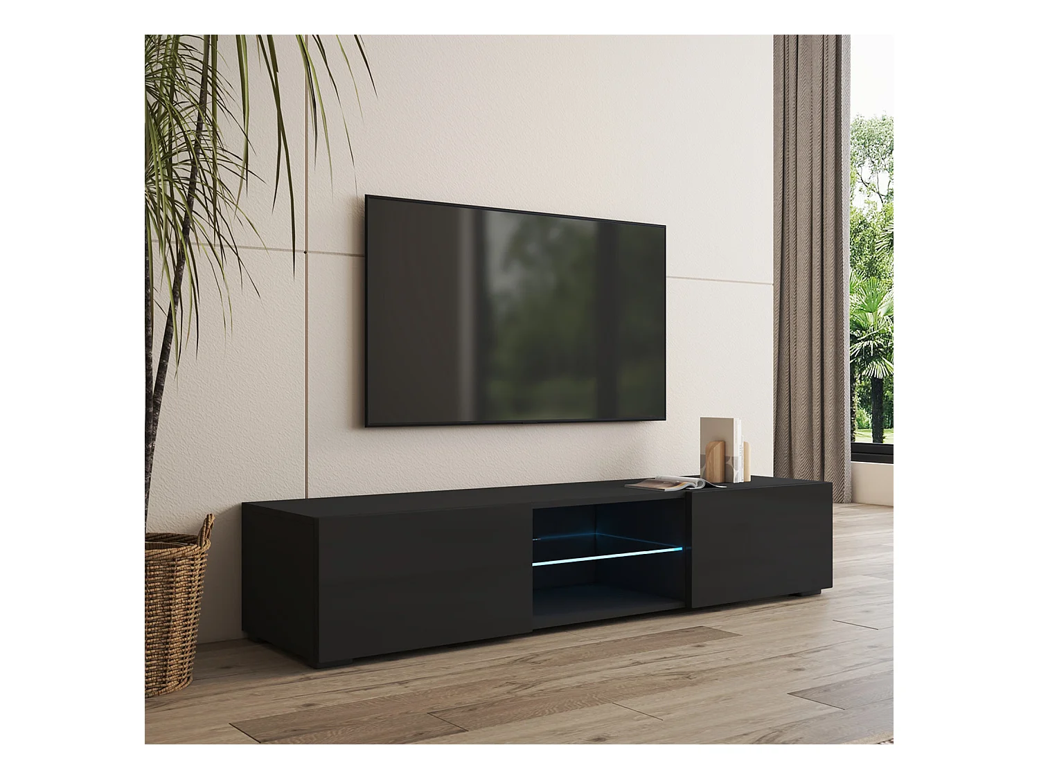 Mueble TV para Salón comedor en Negro con LED 160x38,5x32cm Tibi