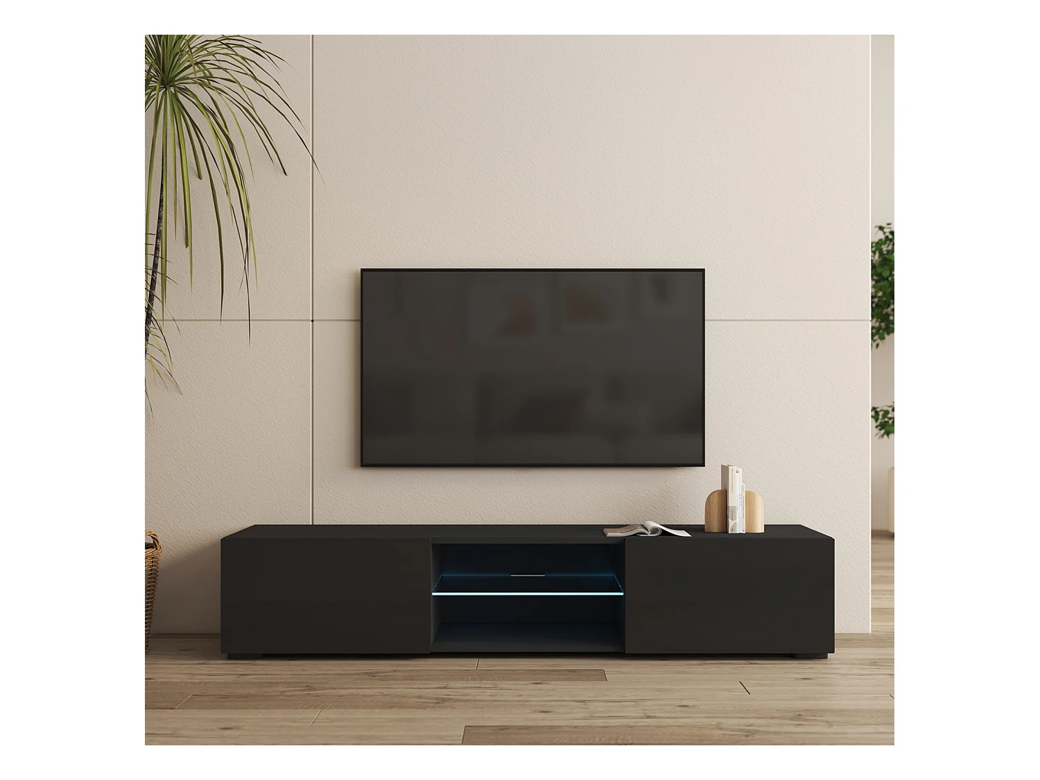 Mueble TV para Salón comedor en Negro con LED 160x38,5x32cm Tibi