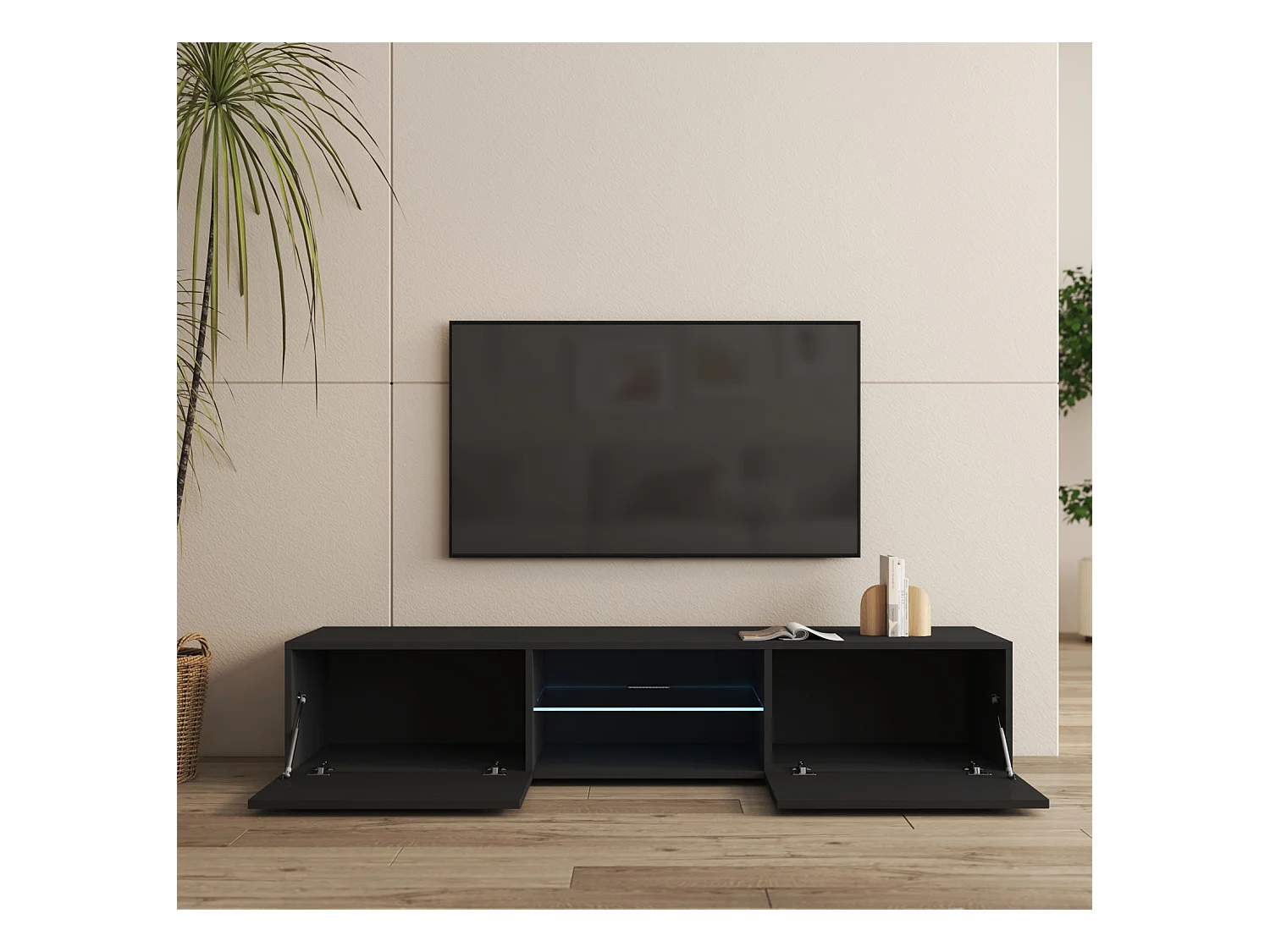 Mueble TV para Salón comedor en Negro con LED 160x38,5x32cm Tibi