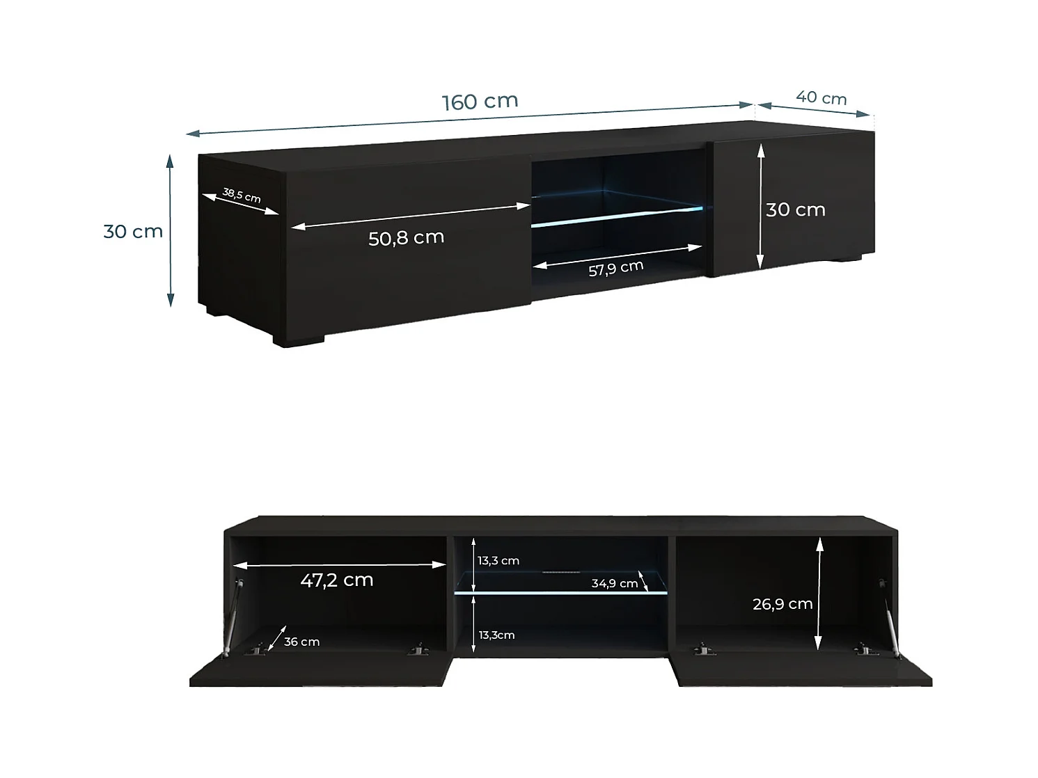 Mueble TV para Salón comedor en Negro con LED 160x38,5x32cm Tibi