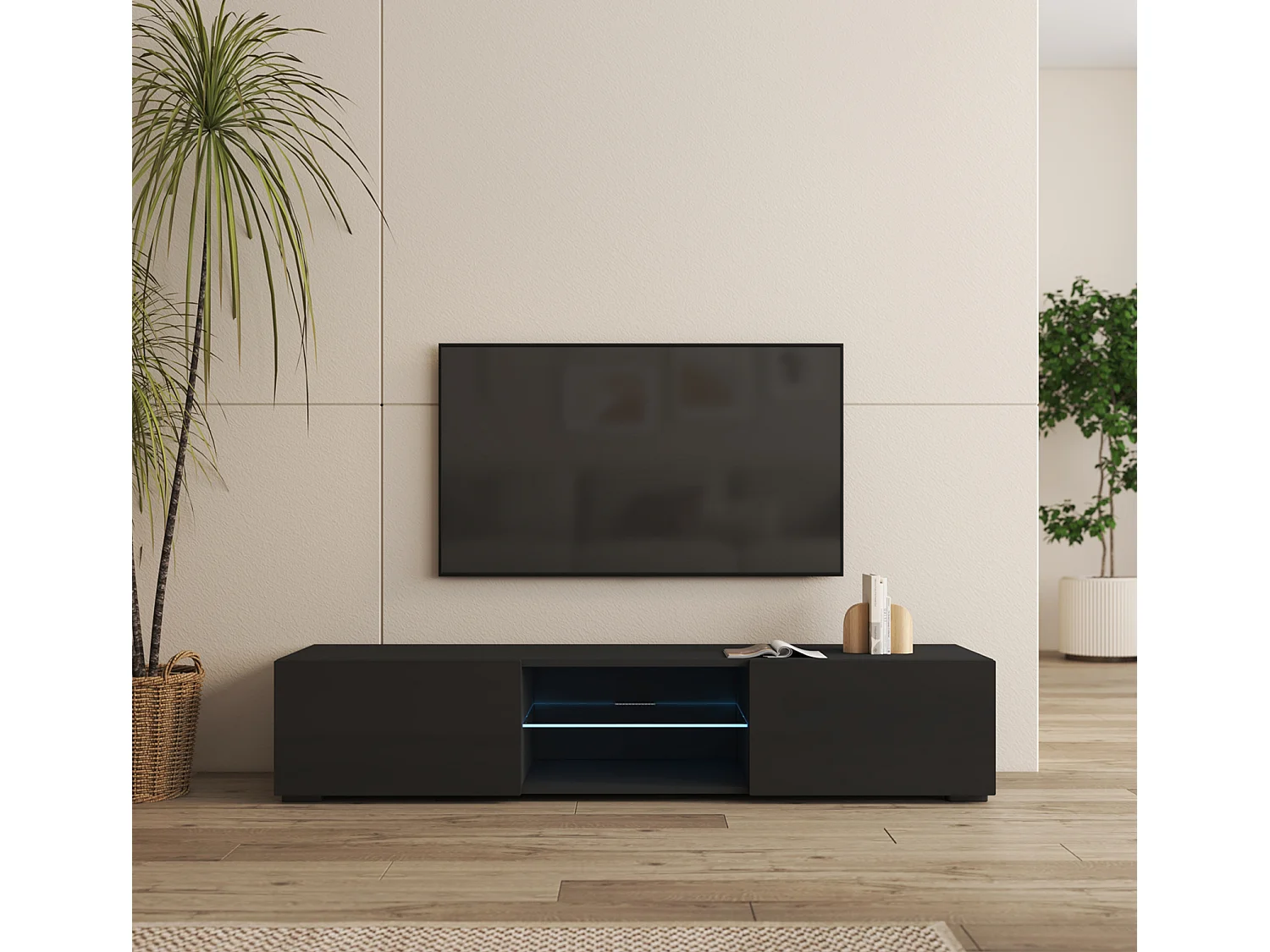 Mueble TV para Salón comedor en Negro con LED 160x38,5x32cm Tibi