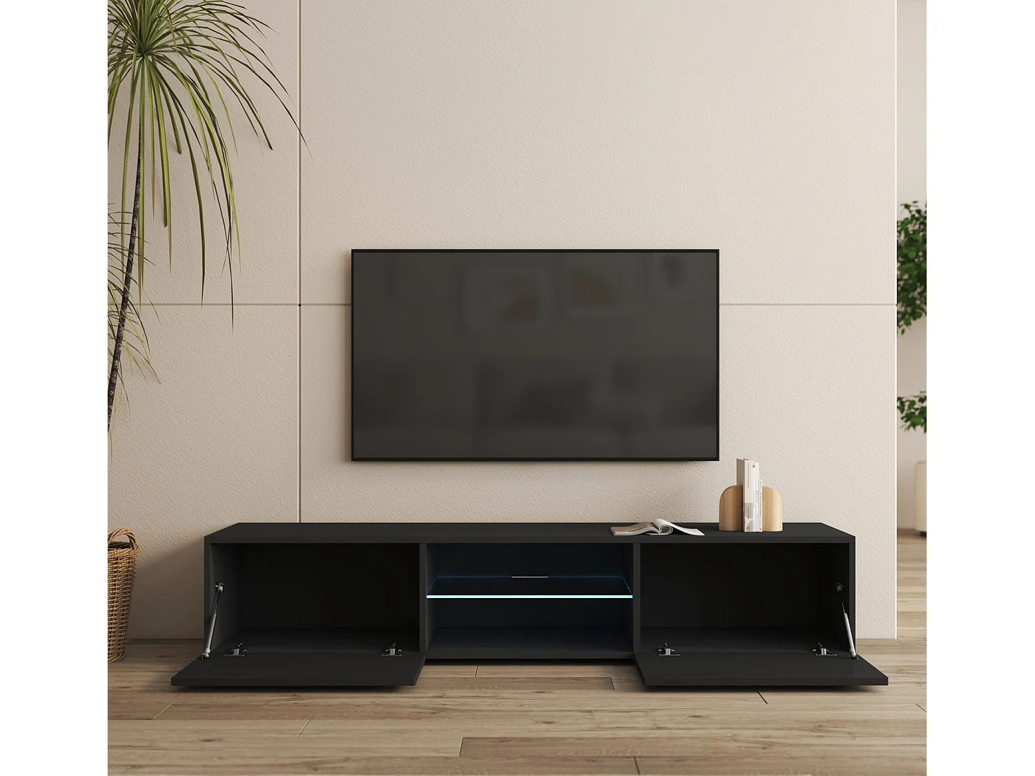 Mueble TV para Salón comedor en Negro con LED 160x38,5x32cm Tibi