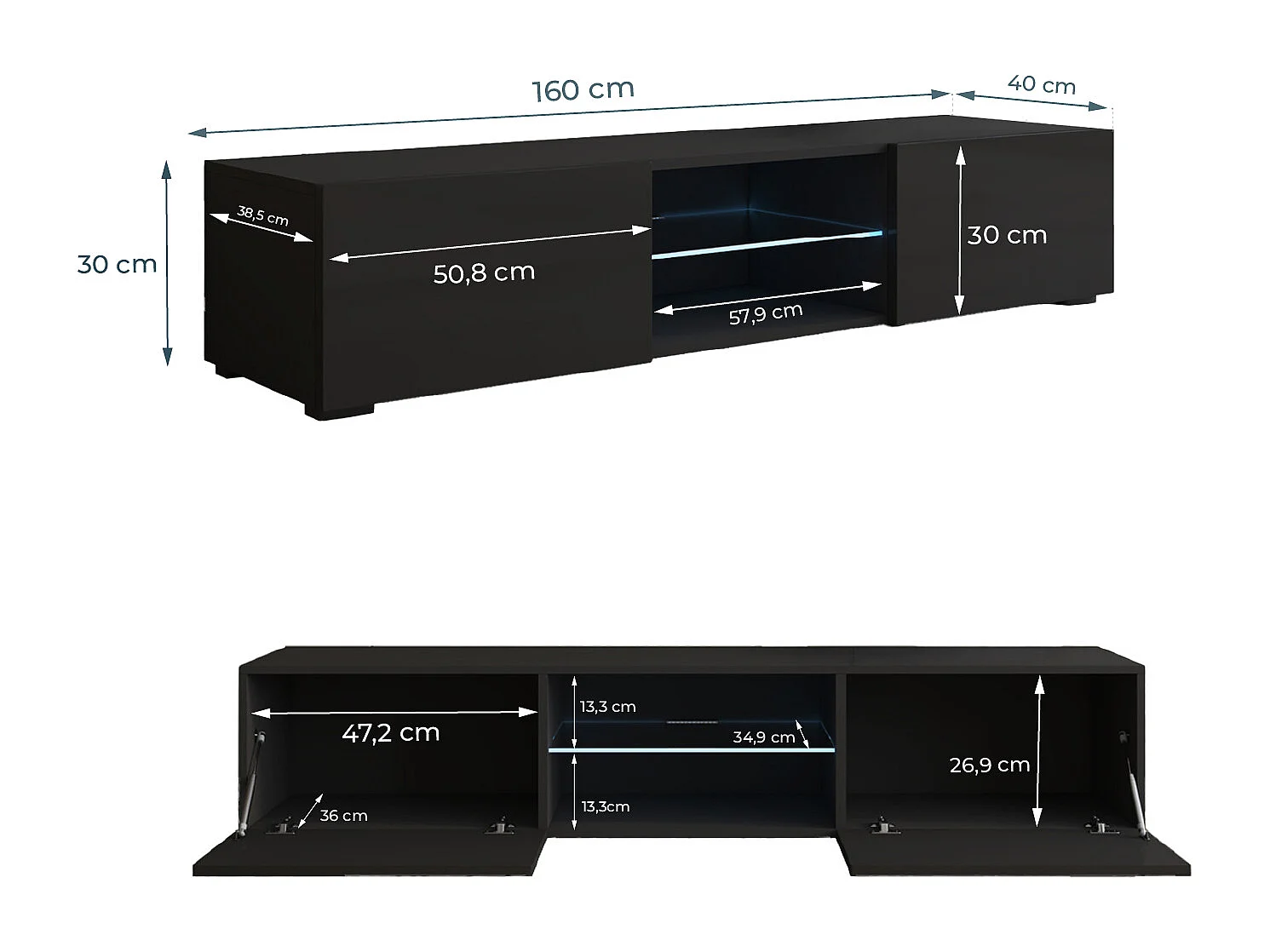 Mueble TV para Salón comedor en Negro con LED 160x38,5x32cm Tibi