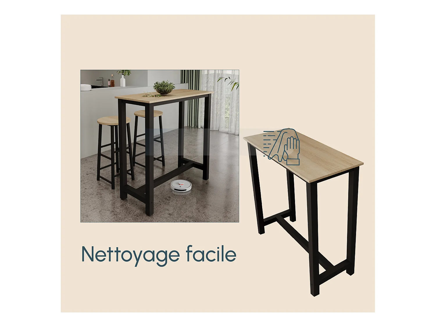 Table haute pour Cuisine Salle à manger en Noir et Sonoma 100x40x100cm Ani