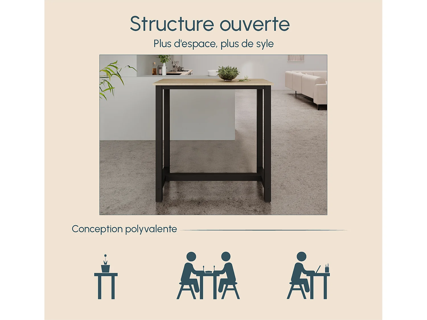 Table haute pour Cuisine Salle à manger en Noir et Sonoma 100x40x100cm Ani