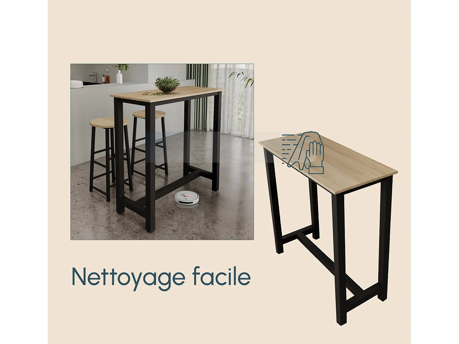 Table haute pour Cuisine Salle à manger en Noir et Sonoma 100x40x100cm Ani