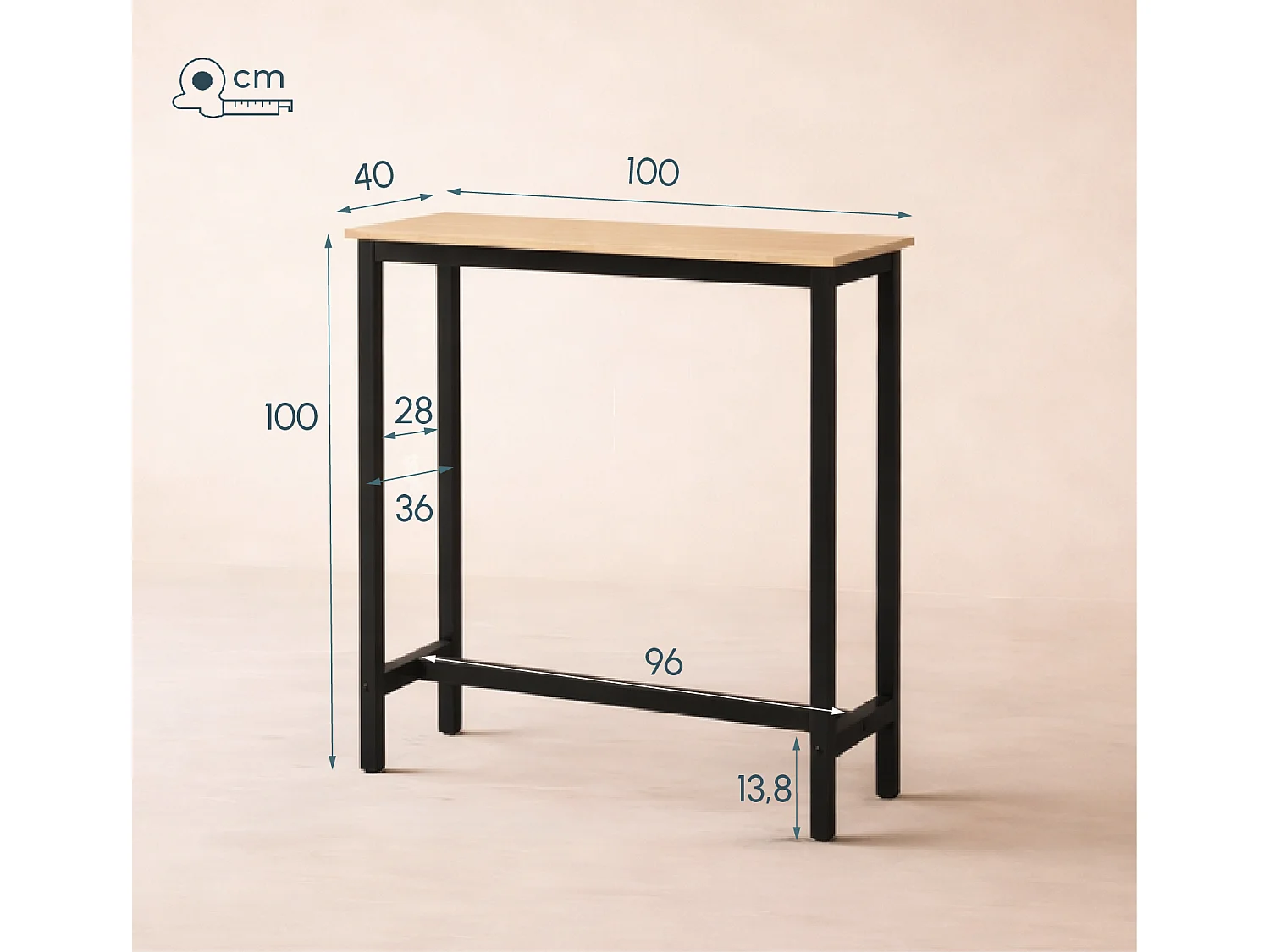 Mesa alta para Cocina Comedor en Negro y Sonoma 100x40x100cm Ani
