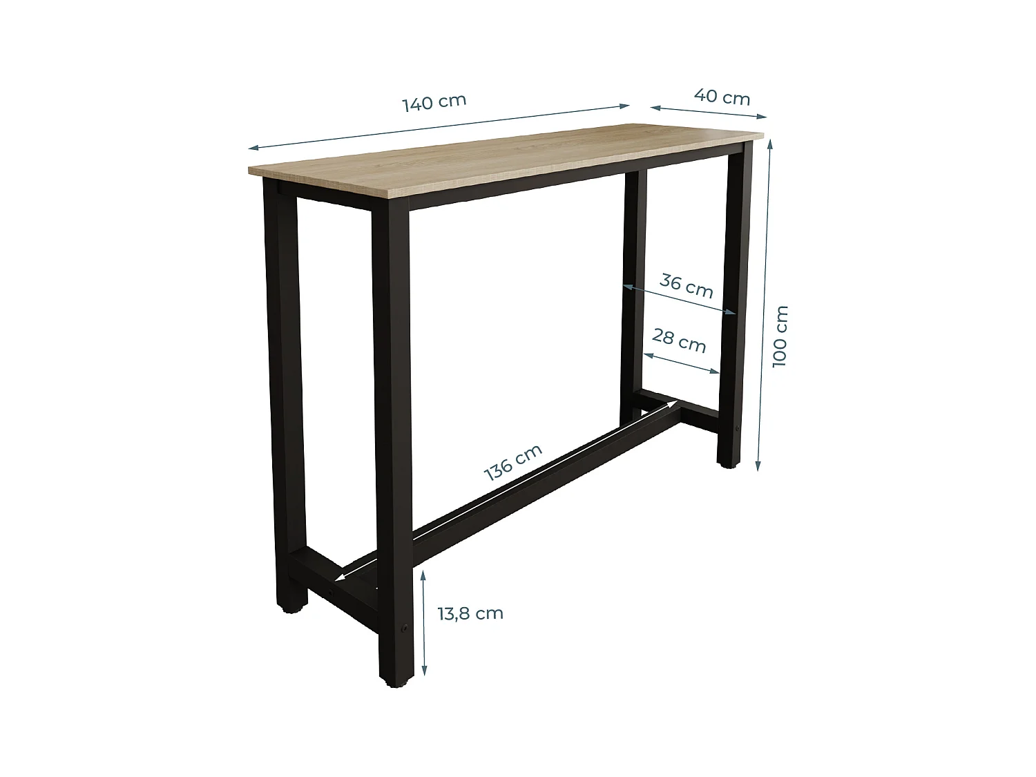 Table haute pour Cuisine Salle à manger en Noir et Sonoma 140x40x100cm Ani