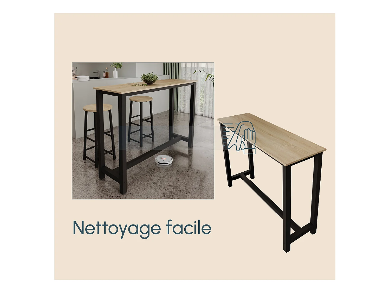 Table haute pour Cuisine Salle à manger en Noir et Sonoma 140x40x100cm Ani