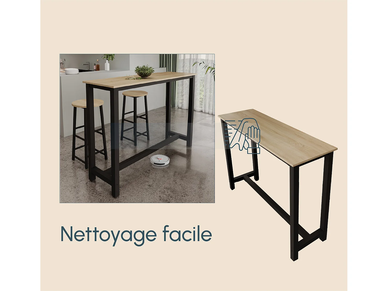 Mesa alta para Cocina Comedor en Negro y Sonoma 140x40x100cm Ani