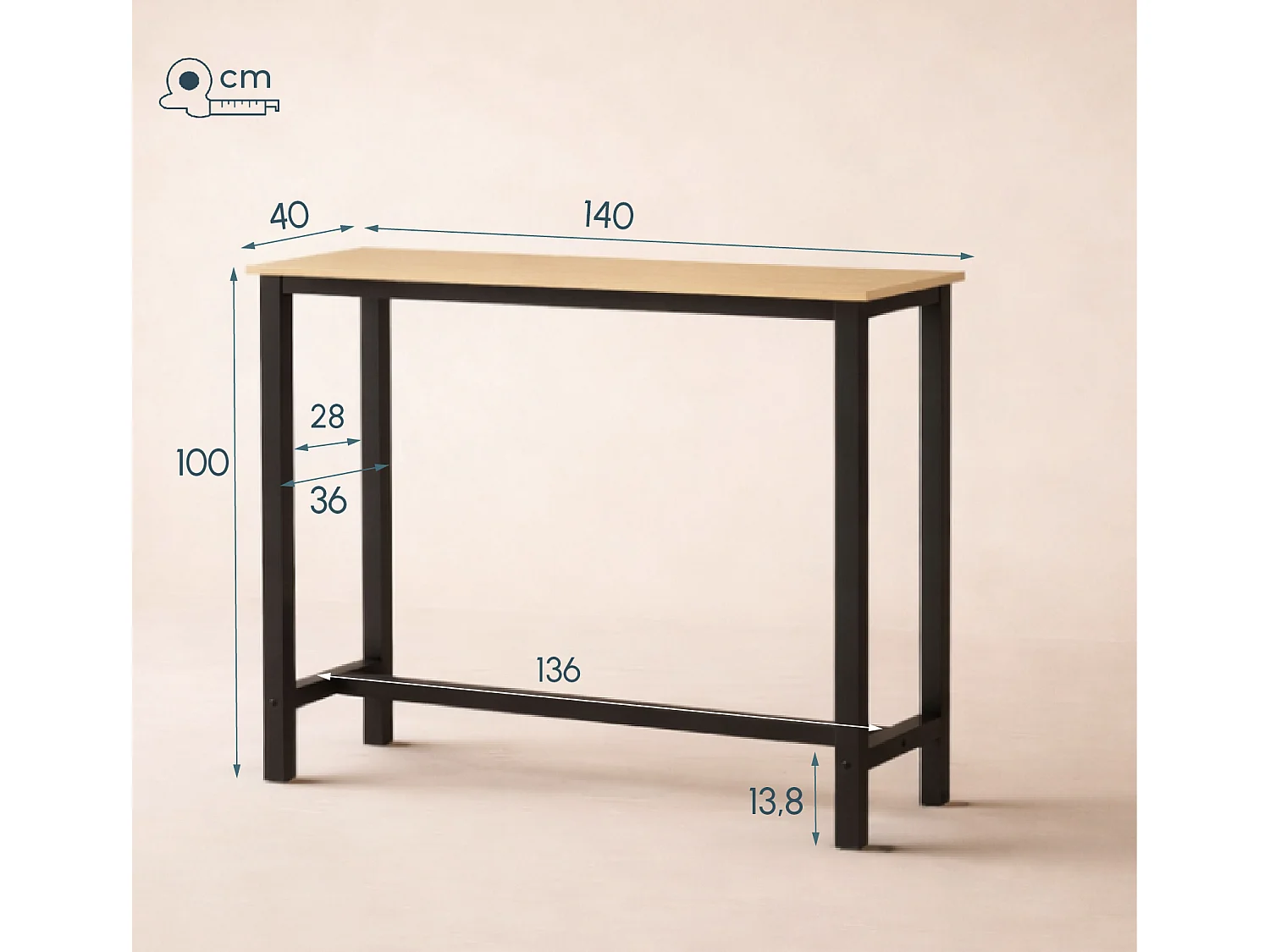 Table haute pour Cuisine Salle à manger en Noir et Sonoma 140x40x100cm Ani
