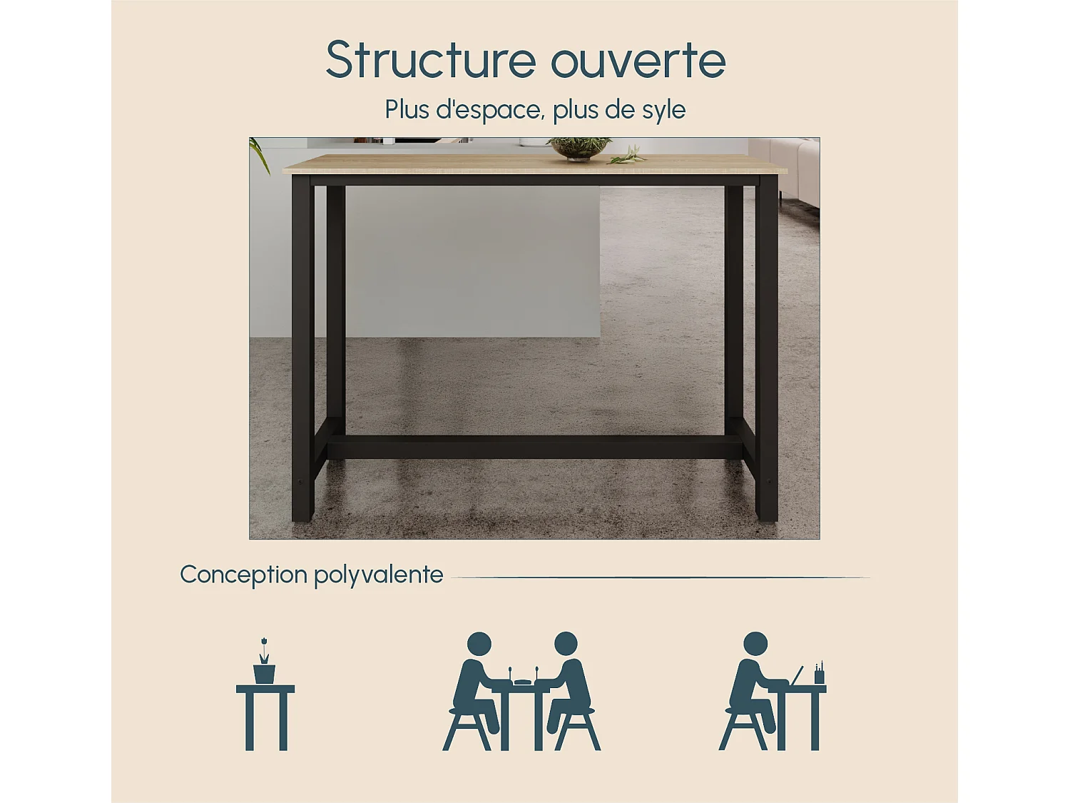 Table haute pour Cuisine Salle à manger en Noir et Sonoma 140x40x100cm Ani