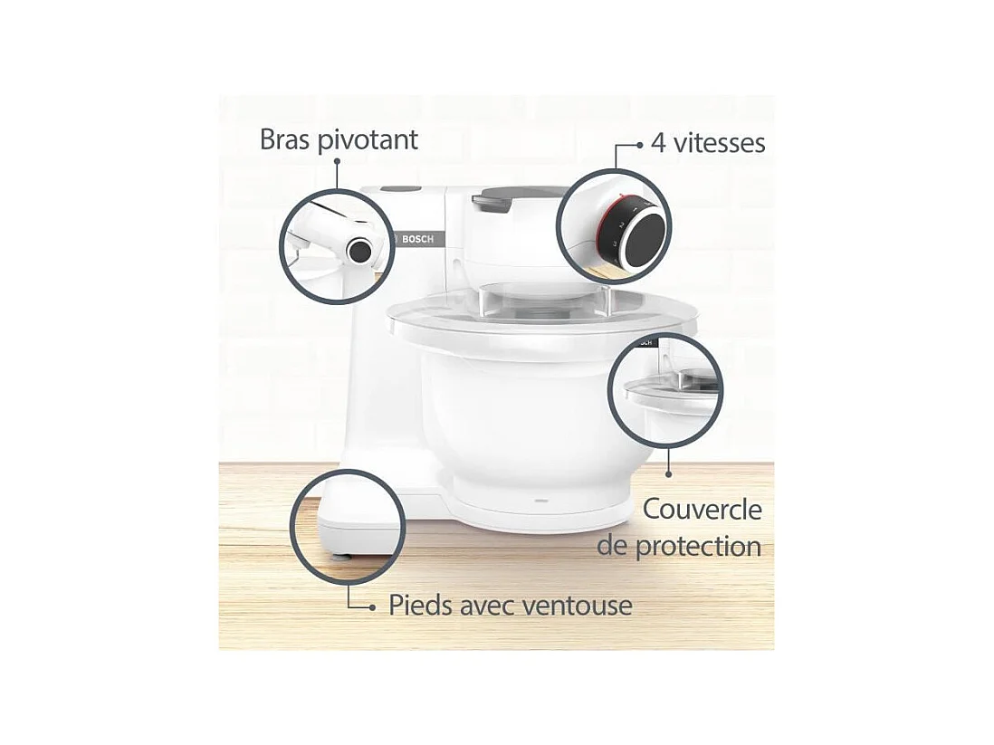 Robot pâtissier BOSCH Serie 2 - 700 W - 4 vitesses - 3,8 L - 3 disques - hachoir a viande - Blanc