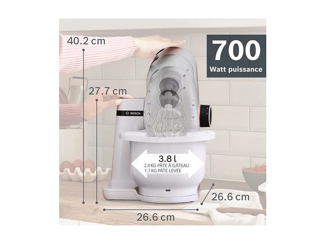 Robot pâtissier BOSCH Serie 2 - 700 W - 4 vitesses - 3,8 L - 3 disques - hachoir a viande - Blanc