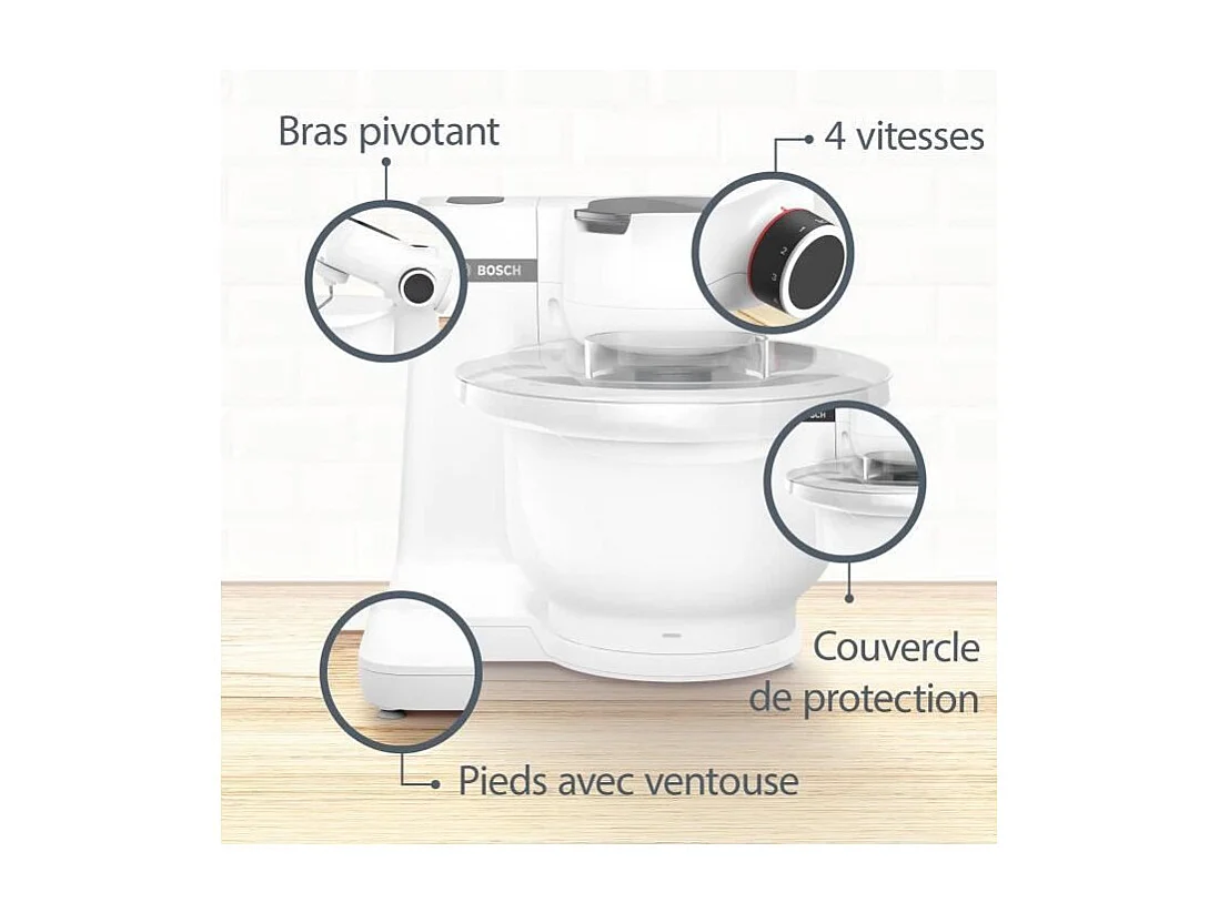 Robot pâtissier BOSCH Serie 2 - 700 W - 4 vitesses - 3,8 L - 3 disques - hachoir a viande - Blanc
