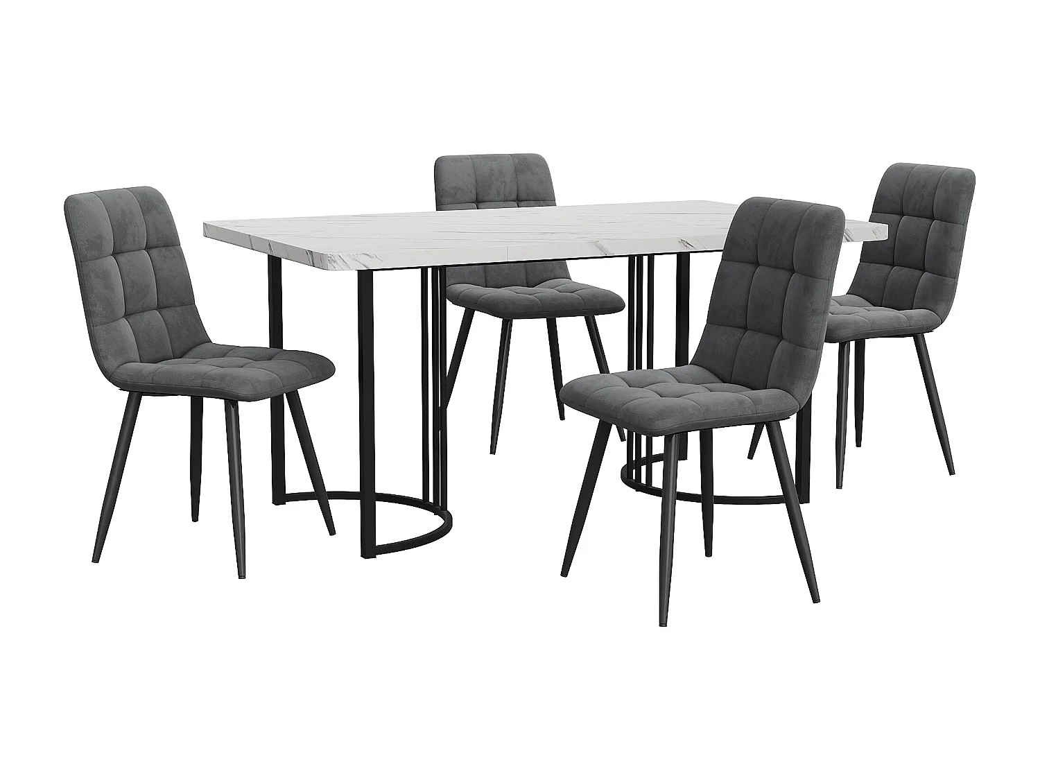 Conjunto de mesa de 140x80 cm y 4 sillas de terciopelo gris oscuro - patas de mesa de metal negro - tablero de MDF blanco