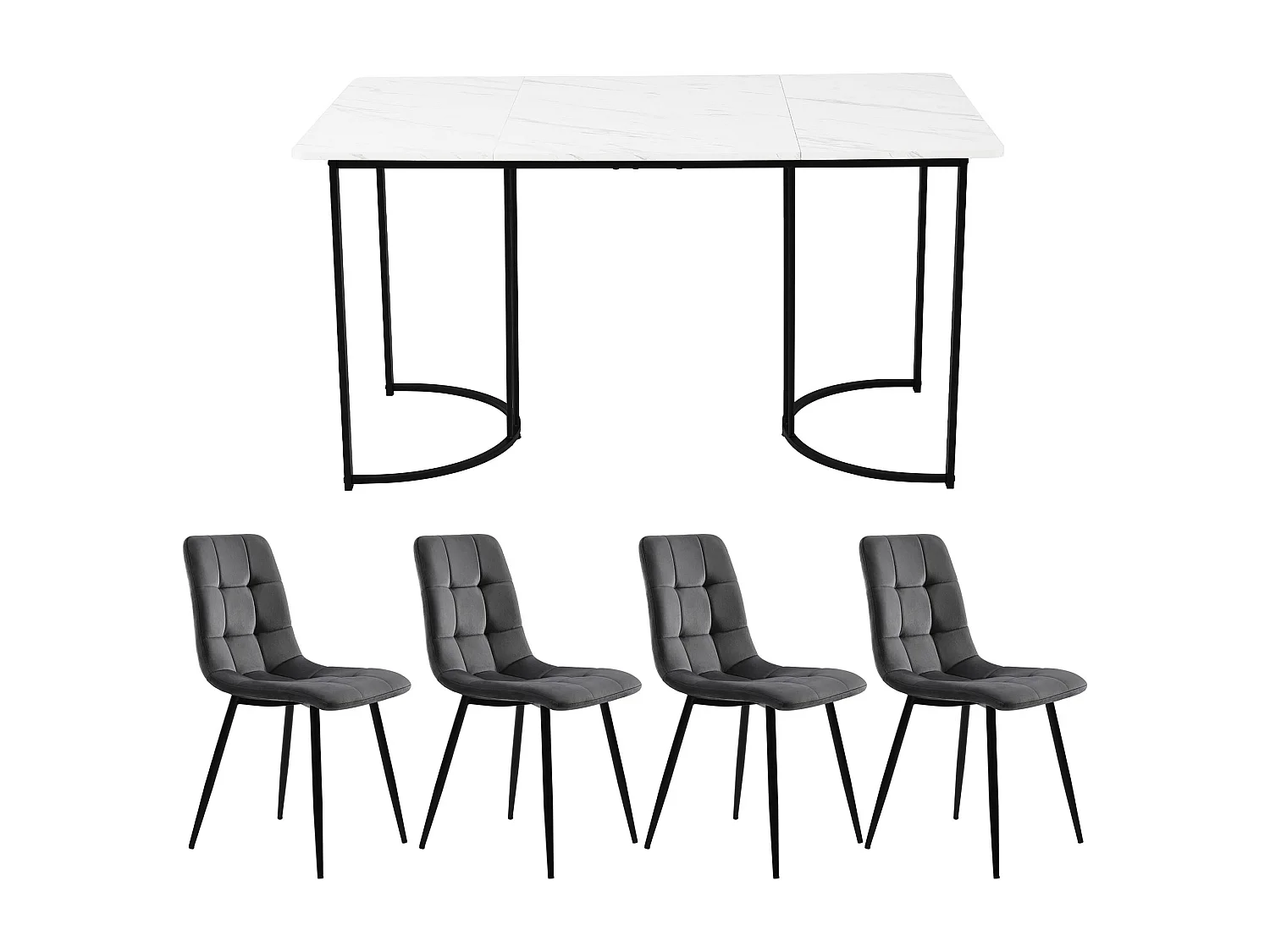 Conjunto de mesa de 140x80 cm y 4 sillas de terciopelo gris oscuro - patas de mesa de metal negro - tablero de MDF blanco