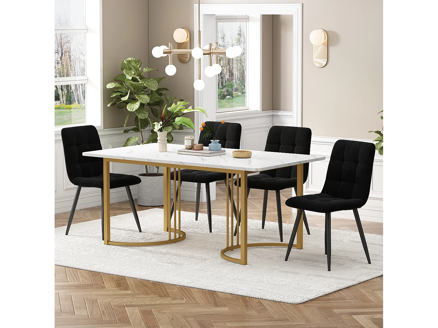 Ensemble repas 5 pièces 140x80x75 cm, plateau effet marbre, pieds métalliques réglables, MDF blanc