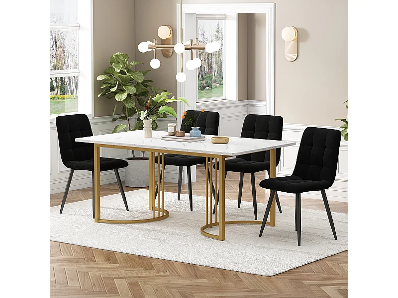 Set van 140x80 cm tafel en 4 zwarte fluwelen stoelen - gouden metalen tafelpoten - wit MDF blad