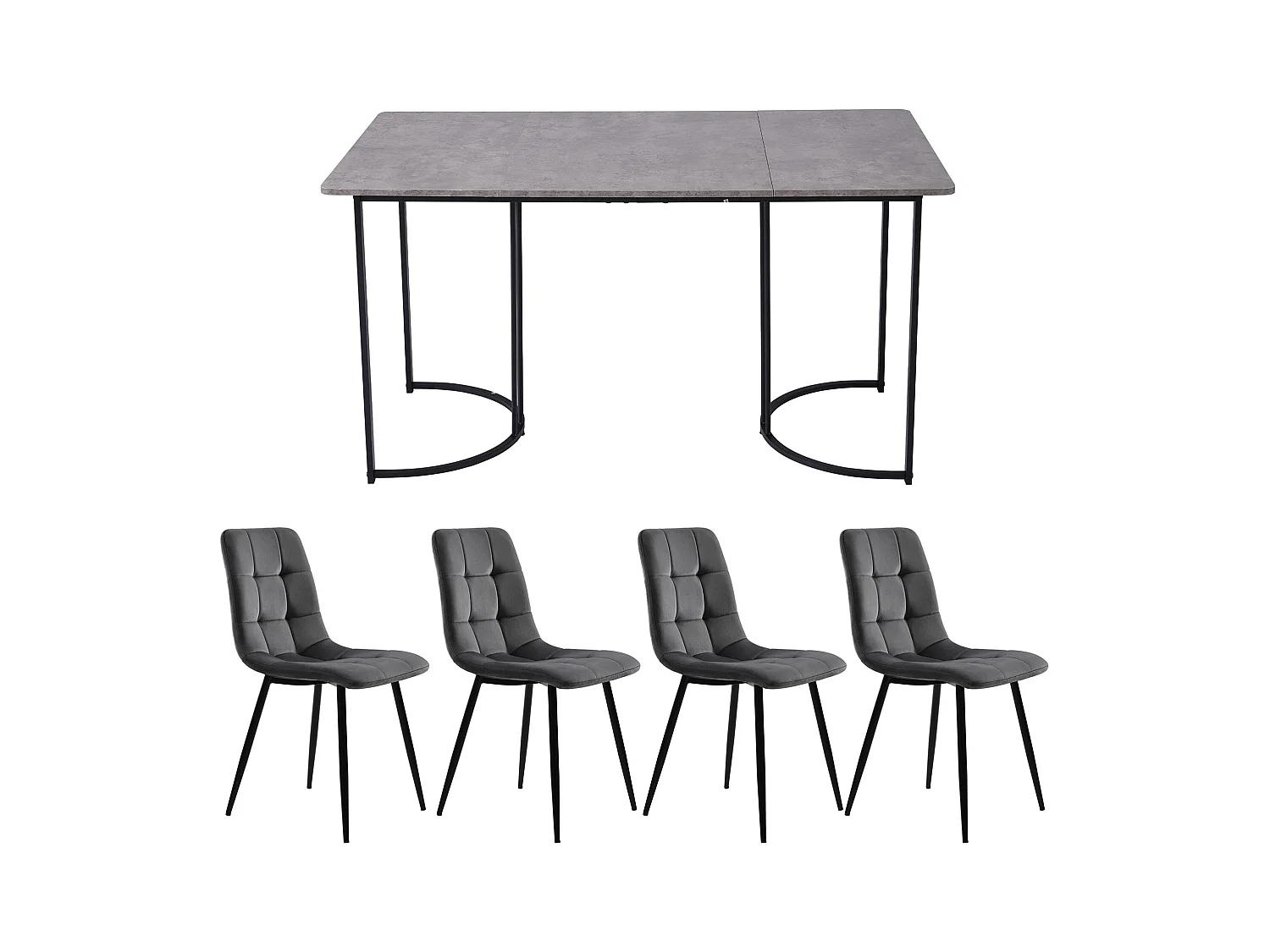 Ensemble table 140x80 cm et 4 chaises velours gris foncé - pieds de table en métal noir - plateau en MDF gris
