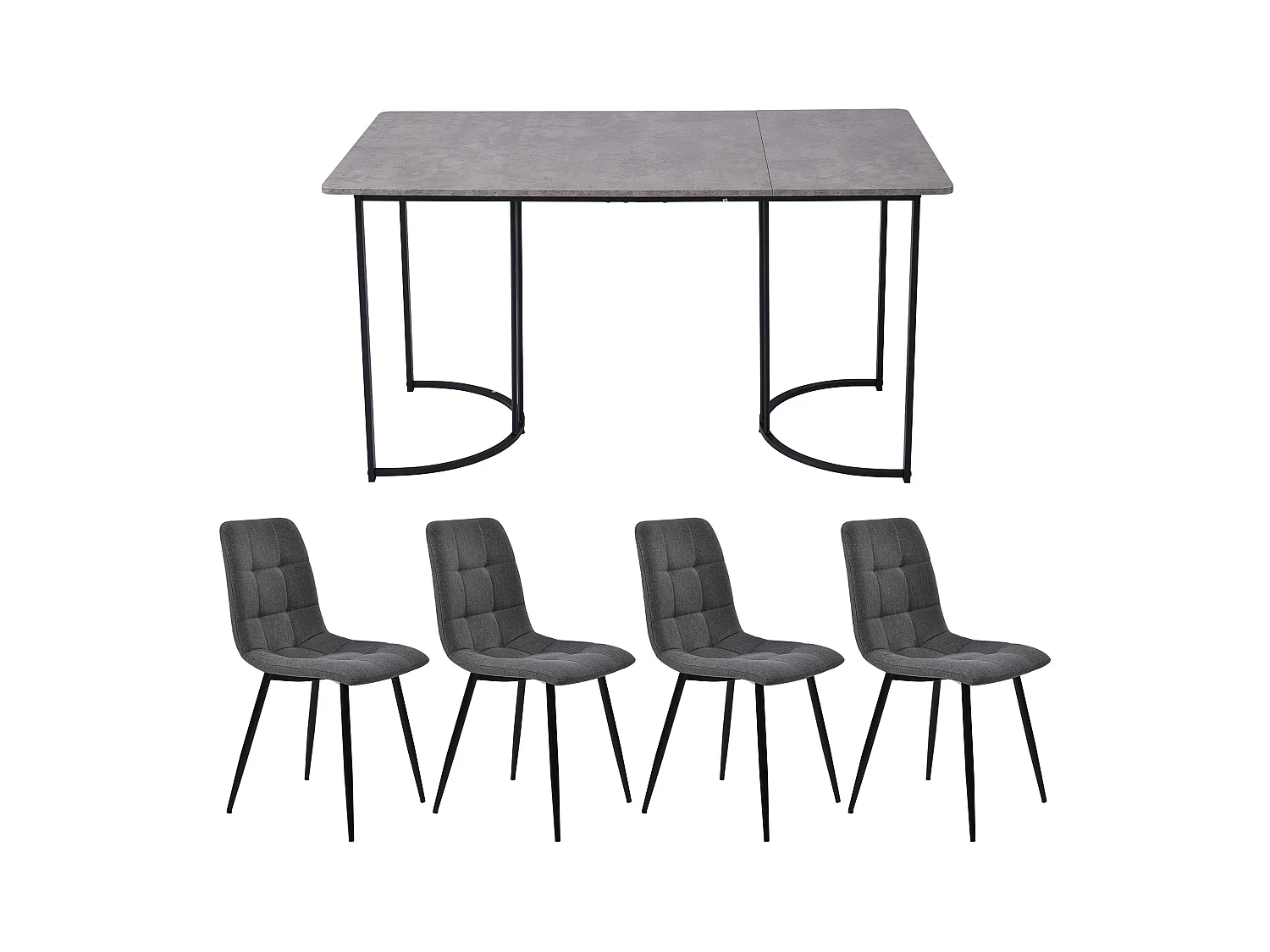 Ensemble table 140x80 cm et 4 chaises lin gris foncé - pieds de table en métal noir - plateau en MDF gris
