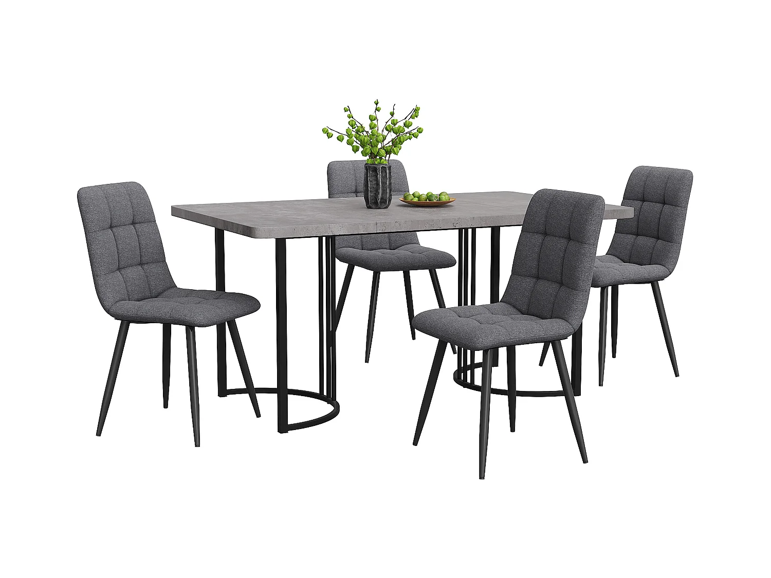 Ensemble table 140x80 cm et 4 chaises lin gris foncé - pieds de table en métal noir - plateau en MDF gris