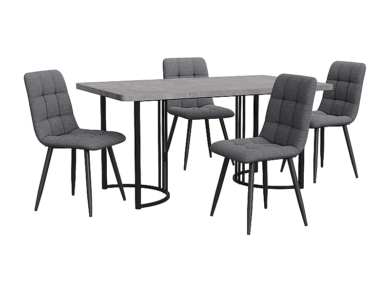 Set van 140x80 cm tafel en 4 stoelen in donkergrijs linnen - zwarte metalen tafelpoten - grijs MDF blad