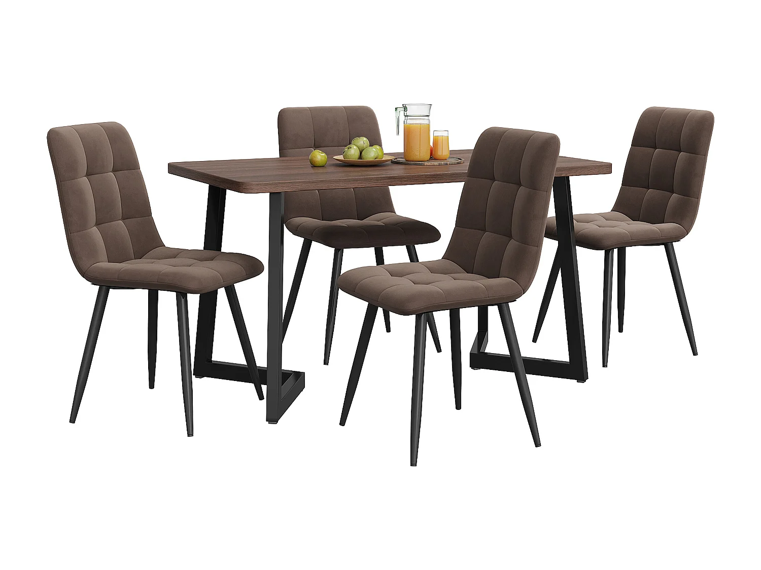 Ensemble table 117x68 cm et 4 chaises velours marron - pieds de table en métal noir - plateau en MDF couleur noyer