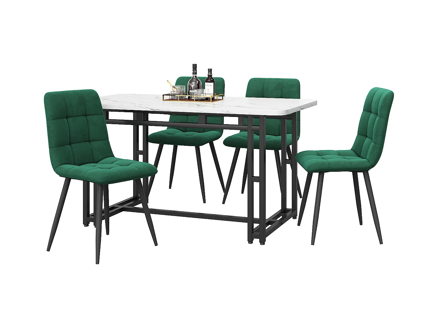 Ensemble table rectangulaire 120x70 cm et 4 chaises velours vert foncé - pieds de table en métal noir - plateau en MDF blanc