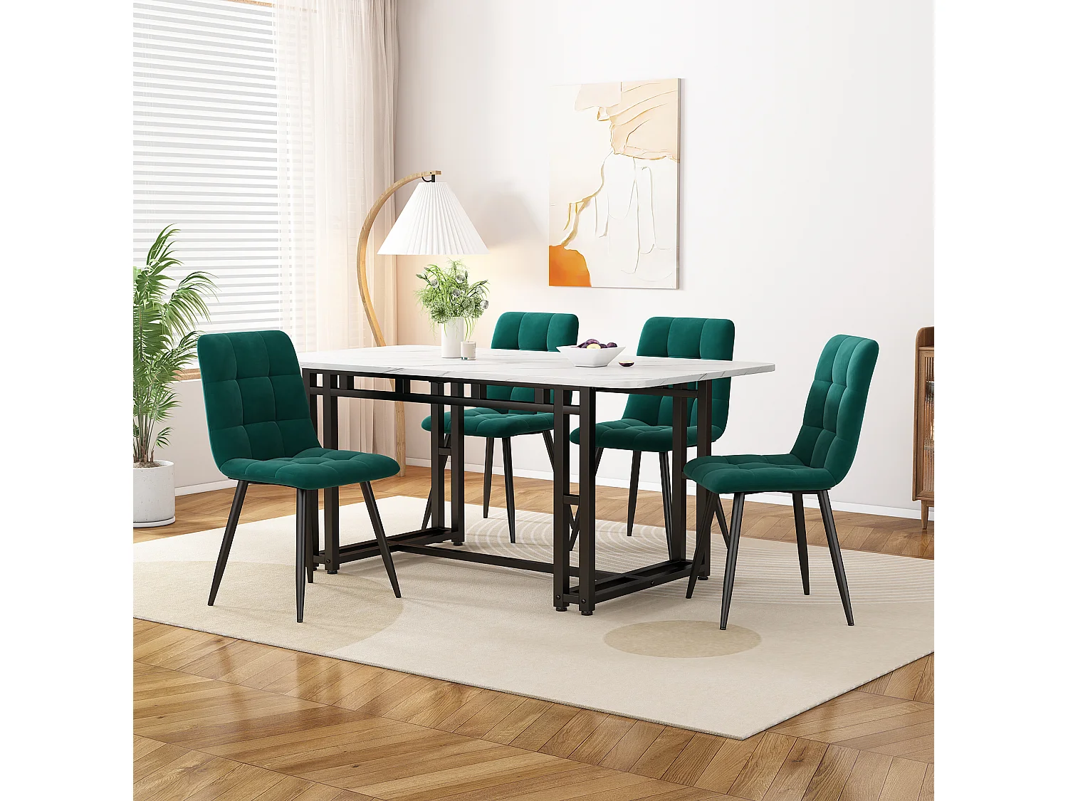 Ensemble table rectangulaire 120x70 cm et 4 chaises velours vert foncé - pieds de table en métal noir - plateau en MDF blanc