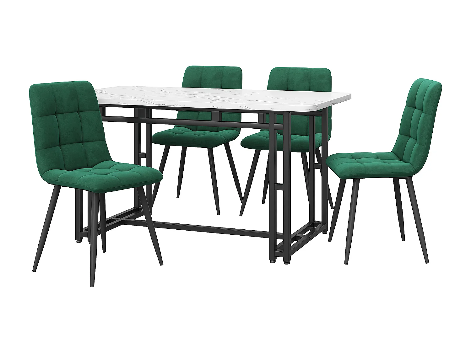 Ensemble table rectangulaire 120x70 cm et 4 chaises velours vert foncé - pieds de table en métal noir - plateau en MDF blanc
