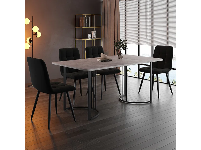 Set van 140x80 cm tafel en 4 zwarte fluwelen stoelen - zwarte metalen tafelpoten - grijs MDF blad