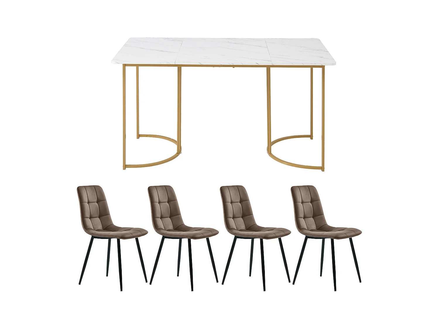 Ensemble table 140x80cm et 4 chaises velours marron - pieds de table en métal doré - plateau en MDF blanc