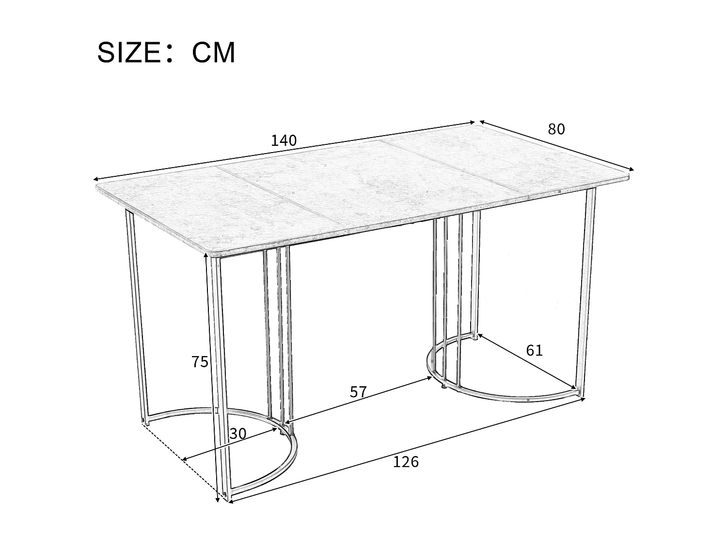 Ensemble table et 4 chaises 140x80x75 cm, plateau effet marbre, pieds métal réglables, MDF, blanc