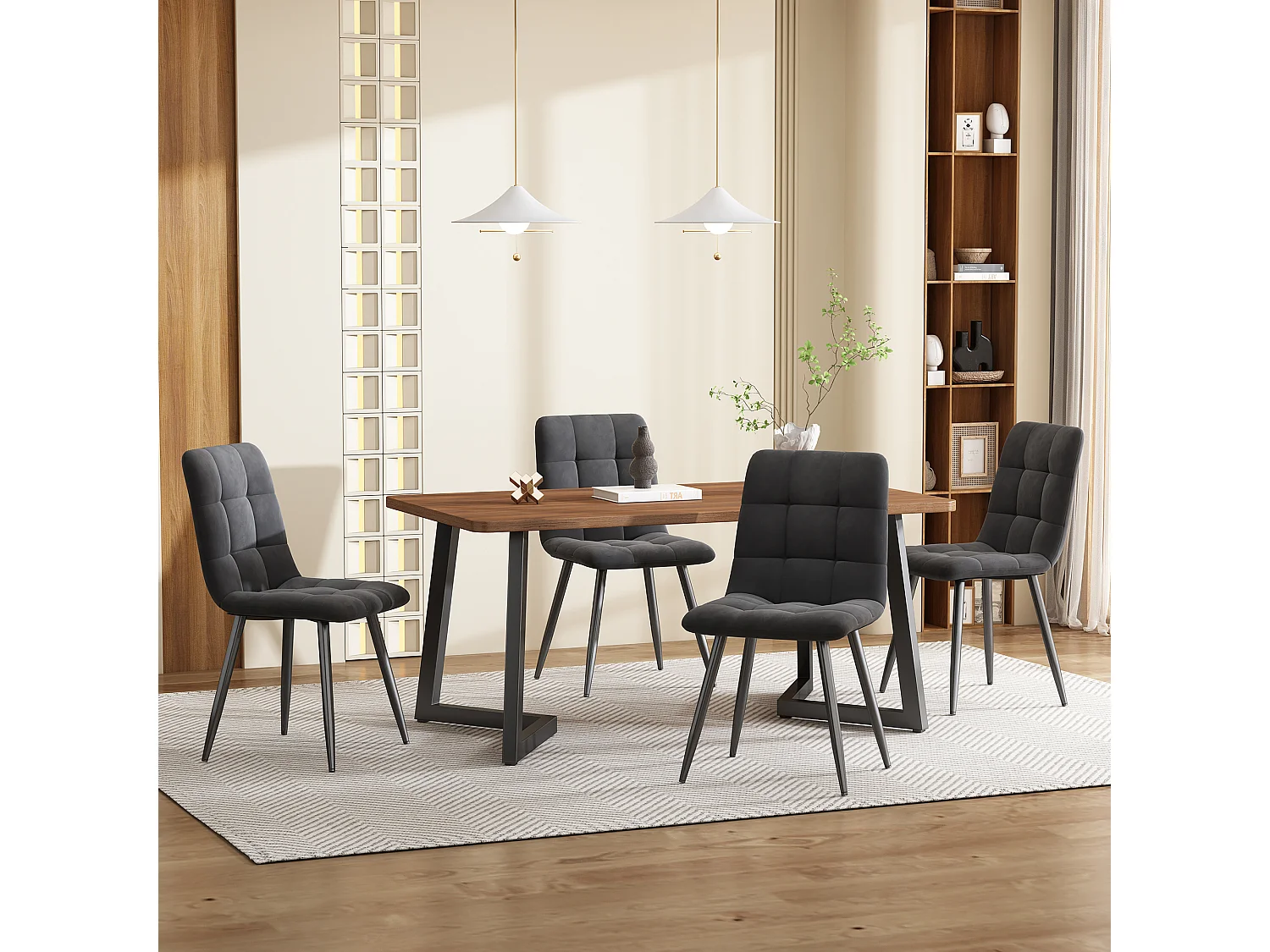 Ensemble table 117x68 cm et 4 chaises velours gris foncé - pieds de table en métal noir - plateau en MDF couleur noyer