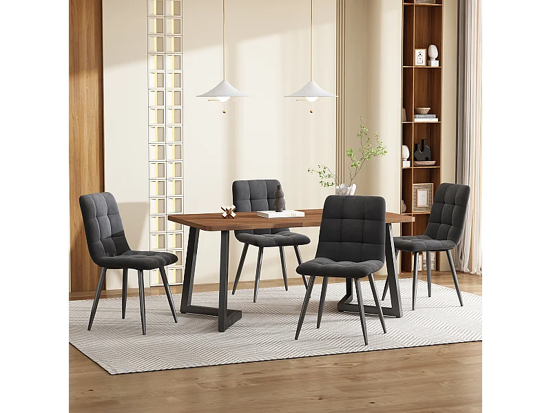 Ensemble table 117x68 cm et 4 chaises velours gris foncé - pieds de table en métal noir - plateau en MDF couleur noyer