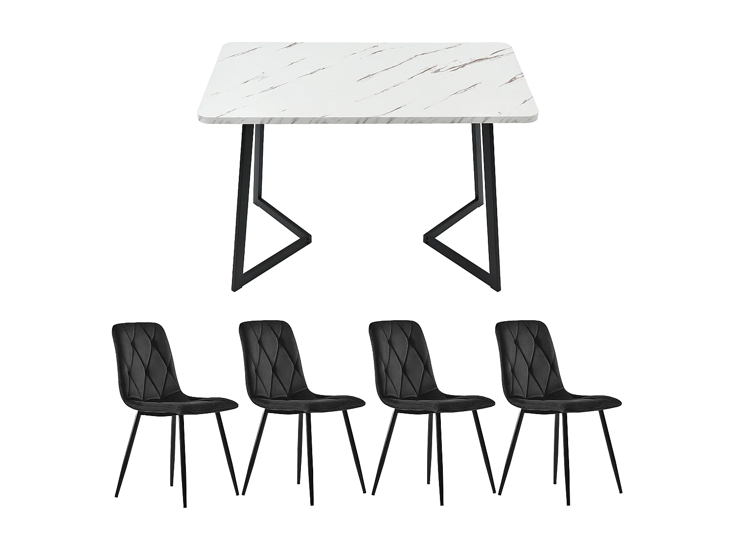 Ensemble table rectangulaire 117x68 cm et 4 chaises velours noir - pieds de table en métal noir - plateau en MDF blanc