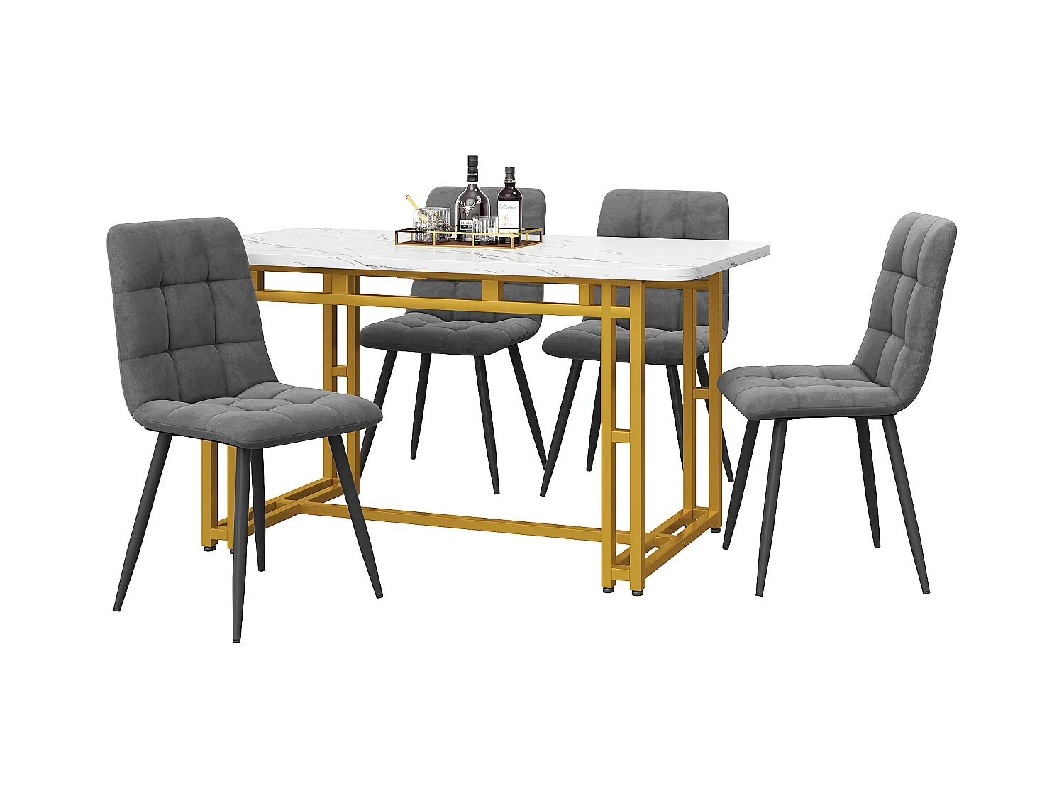 Ensemble table rectangulaire 120x70 cm et 4 chaises velours gris foncé - pieds de table en métal doré - plateau en MDF blanc