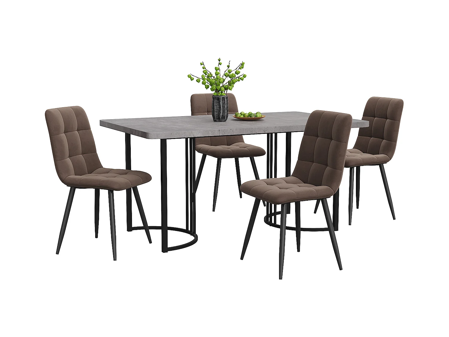 Ensemble table 140x80 cm et 4 chaises velours marron - pieds de table en métal noir - plateau en MDF gris
