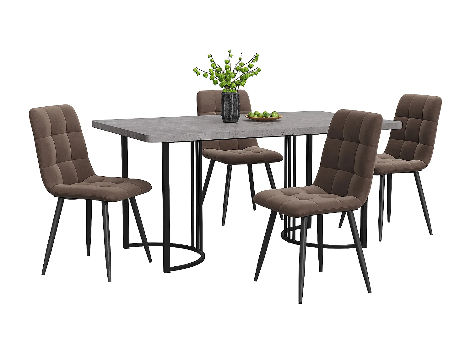 Set van 140x80 cm tafel en 4 bruine fluwelen stoelen - zwarte metalen tafelpoten - grijs MDF blad