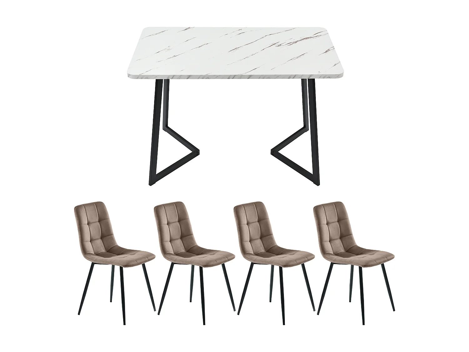 Ensemble table à manger rectangulaire 117x68x75 cm avec 4 chaises, assises en velours, pieds métalliques noirs, MDF marron