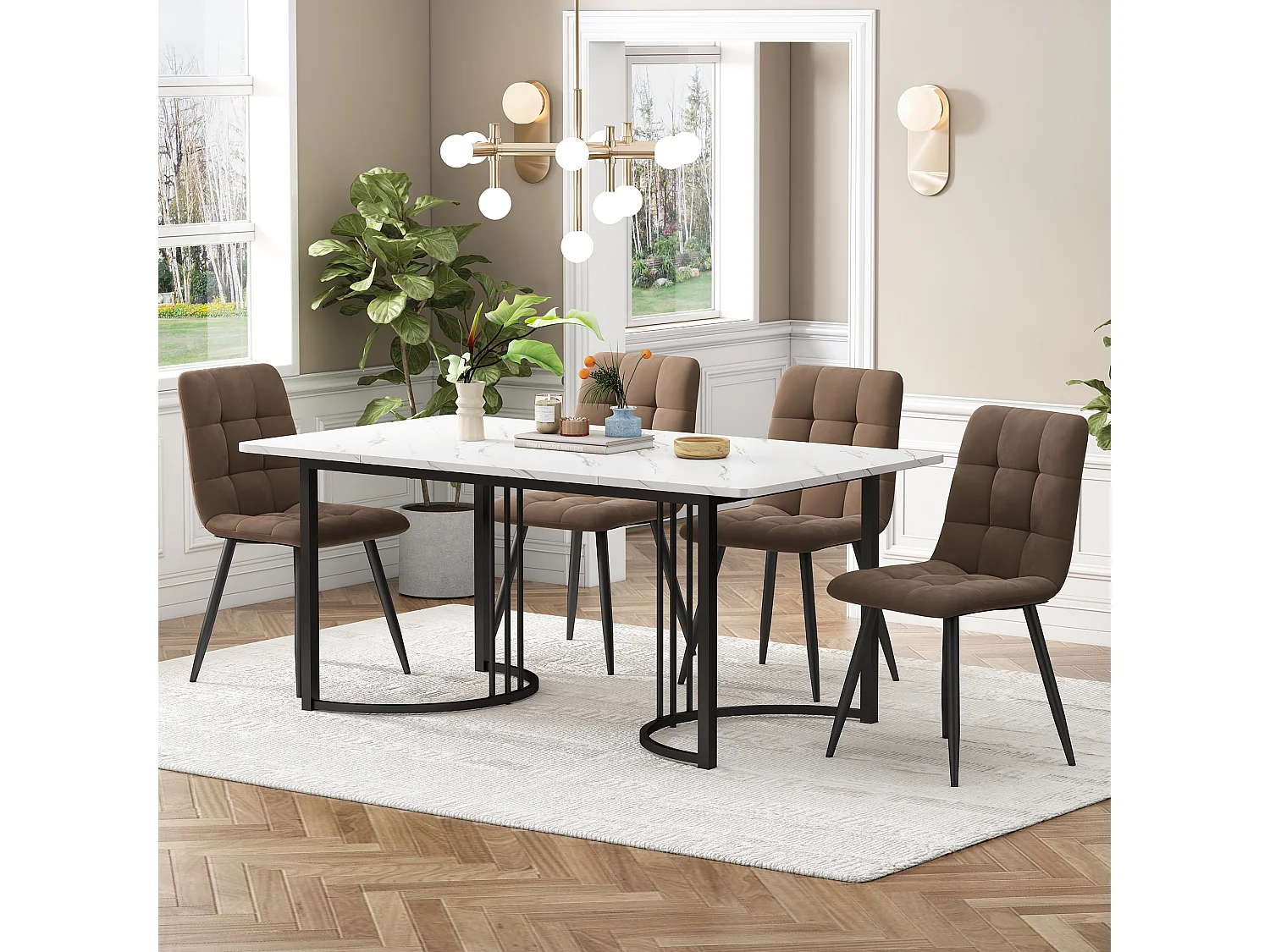 Set van 140x80 cm tafel en 4 bruine fluwelen stoelen - zwarte metalen tafelpoten - wit MDF blad