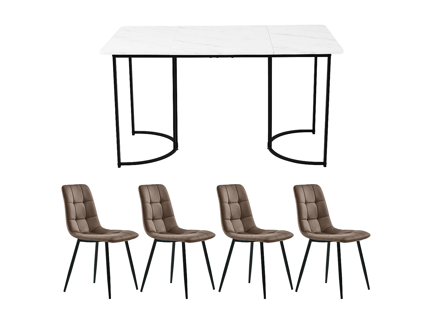 Ensemble table et 4 chaises 140x80x75 cm, plateau effet marbre, pieds réglables, MDF blanc