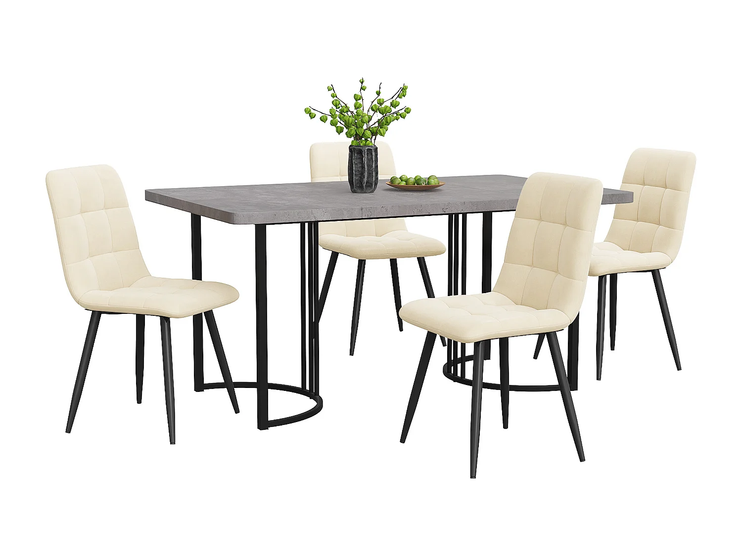 Set van 140x80 cm tafel en 4 beige fluwelen stoelen - zwarte metalen tafelpoten - grijs MDF blad