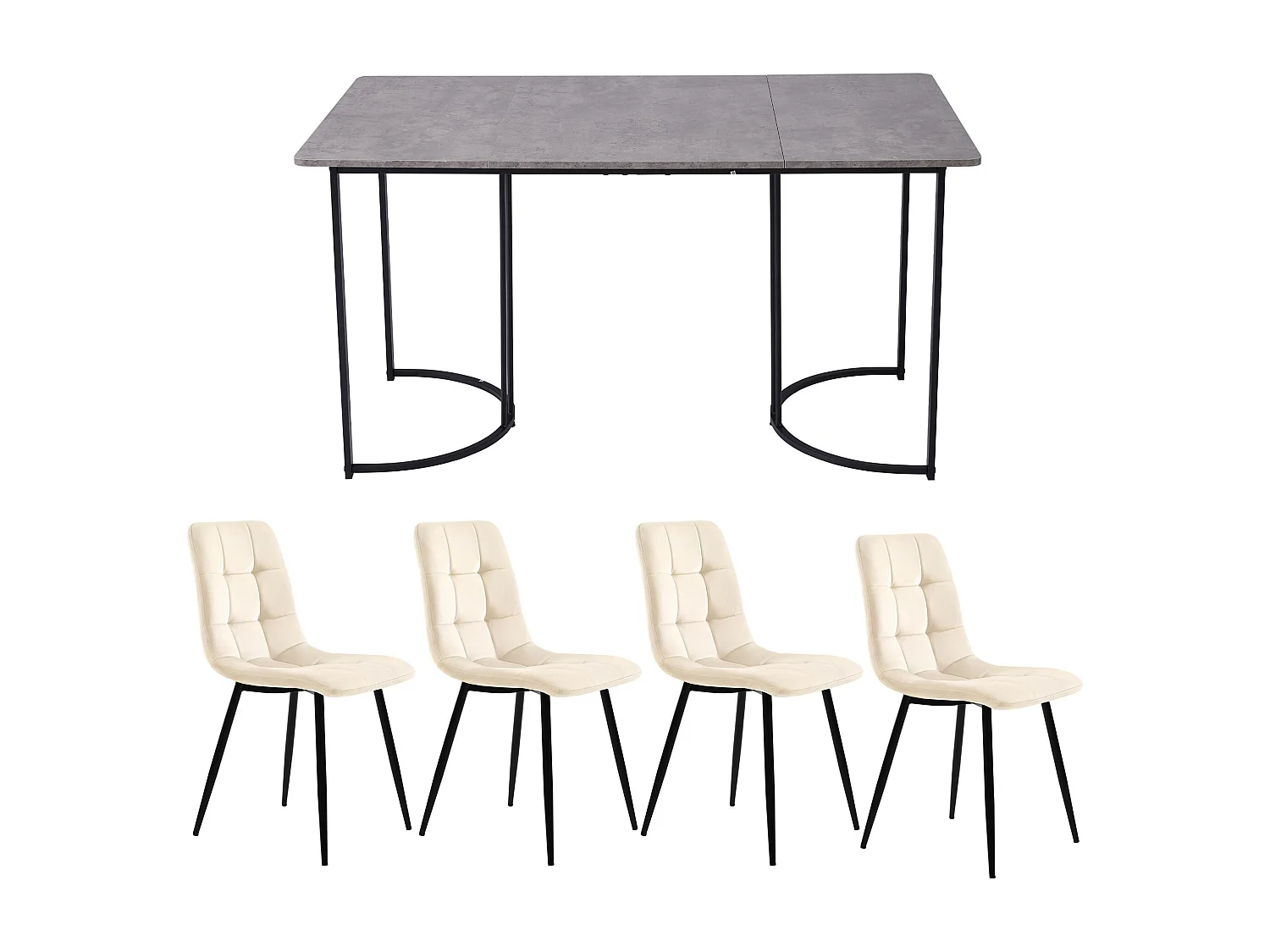 Ensemble table et 4 chaises 140x80x75 cm, plateau effet marbre, pieds réglables, structure métal, MDF gris