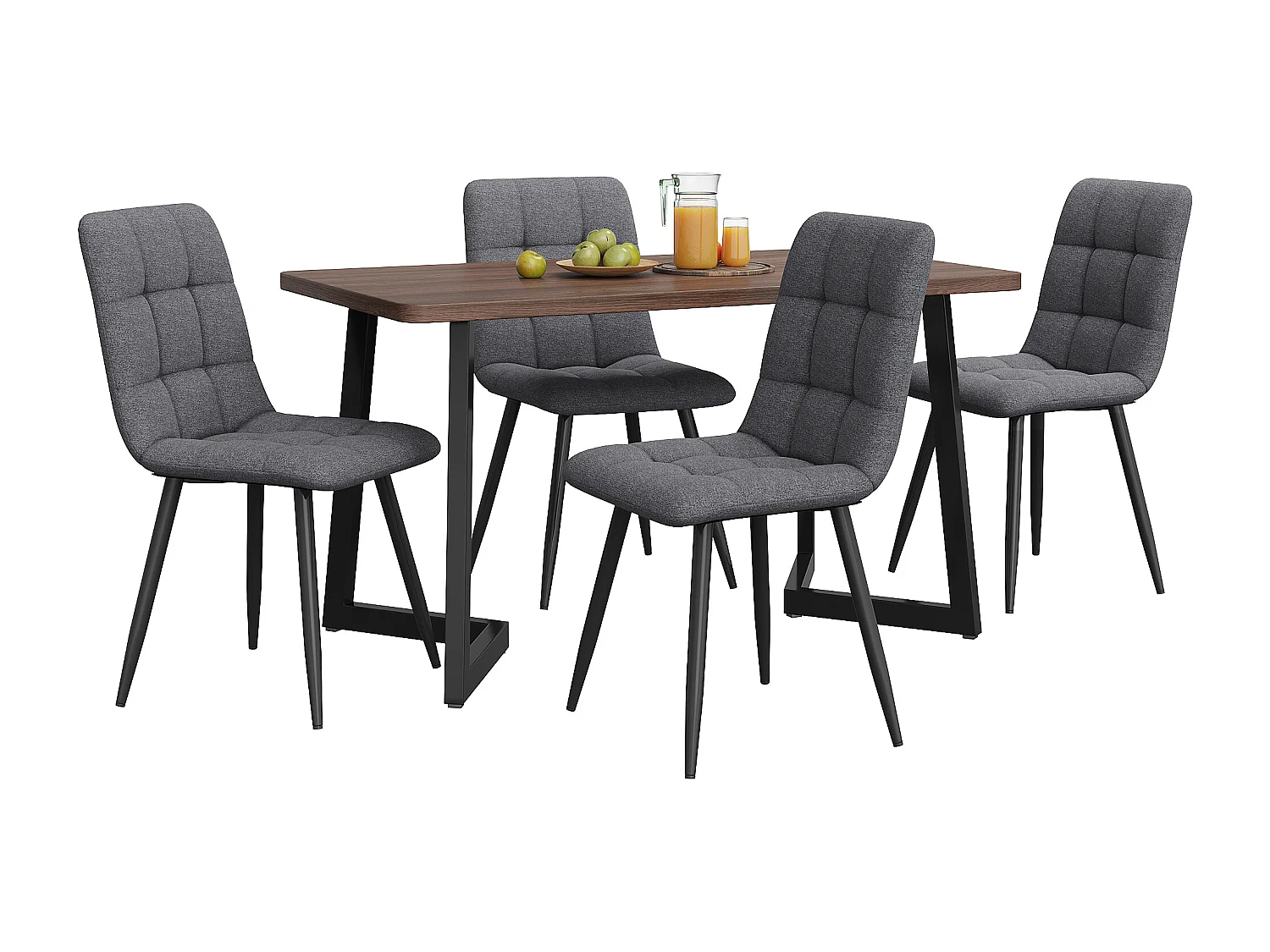 Set van 117x68 cm tafel en 4 stoelen in donkergrijs linnen - zwarte metalen tafelpoten - walnootkleurig MDF-blad